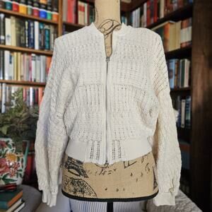 ZARA Crochet Knit Cardigan S Cream Top Sweater Zip Crop Cottage Boho Layering